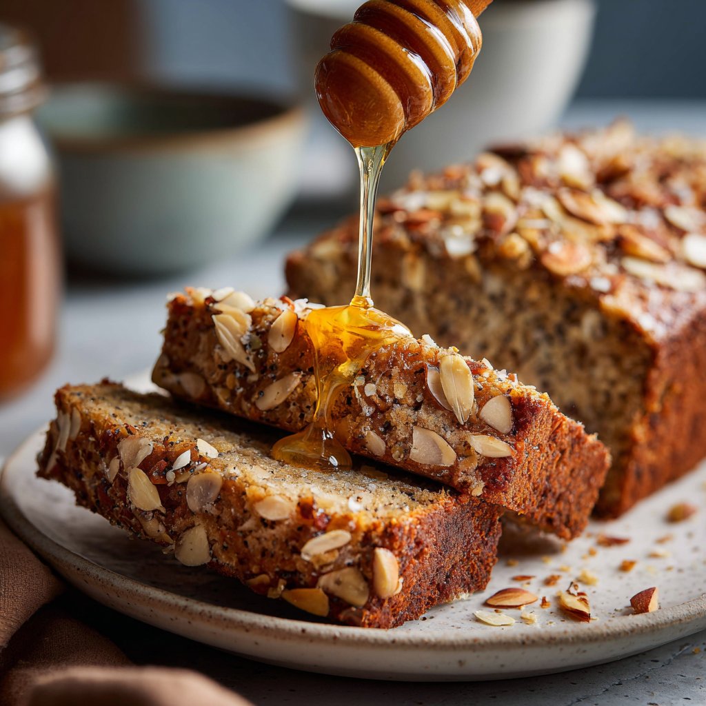 Bananenbrot mit Mandelstückchen und Honig